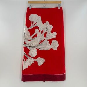 NWT Zara ZW Collection Linen Blend Straight Skirt Red Graphic Floral